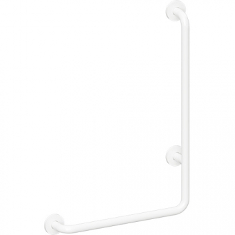 Kampinė rankena Bemeta Help 90 ° kampu, 890 mm, dešininės pusės, su tvirtinimo apdaila, balta 